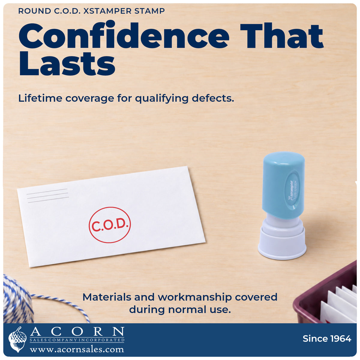 Lifetime guarantee graphic shown with the Round C.O.D. Delivery Stamp from Acorn Sales