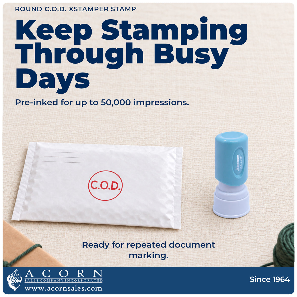 Re-inkable pre-inked build of the Round C.O.D. Delivery Stamp shown in detail
