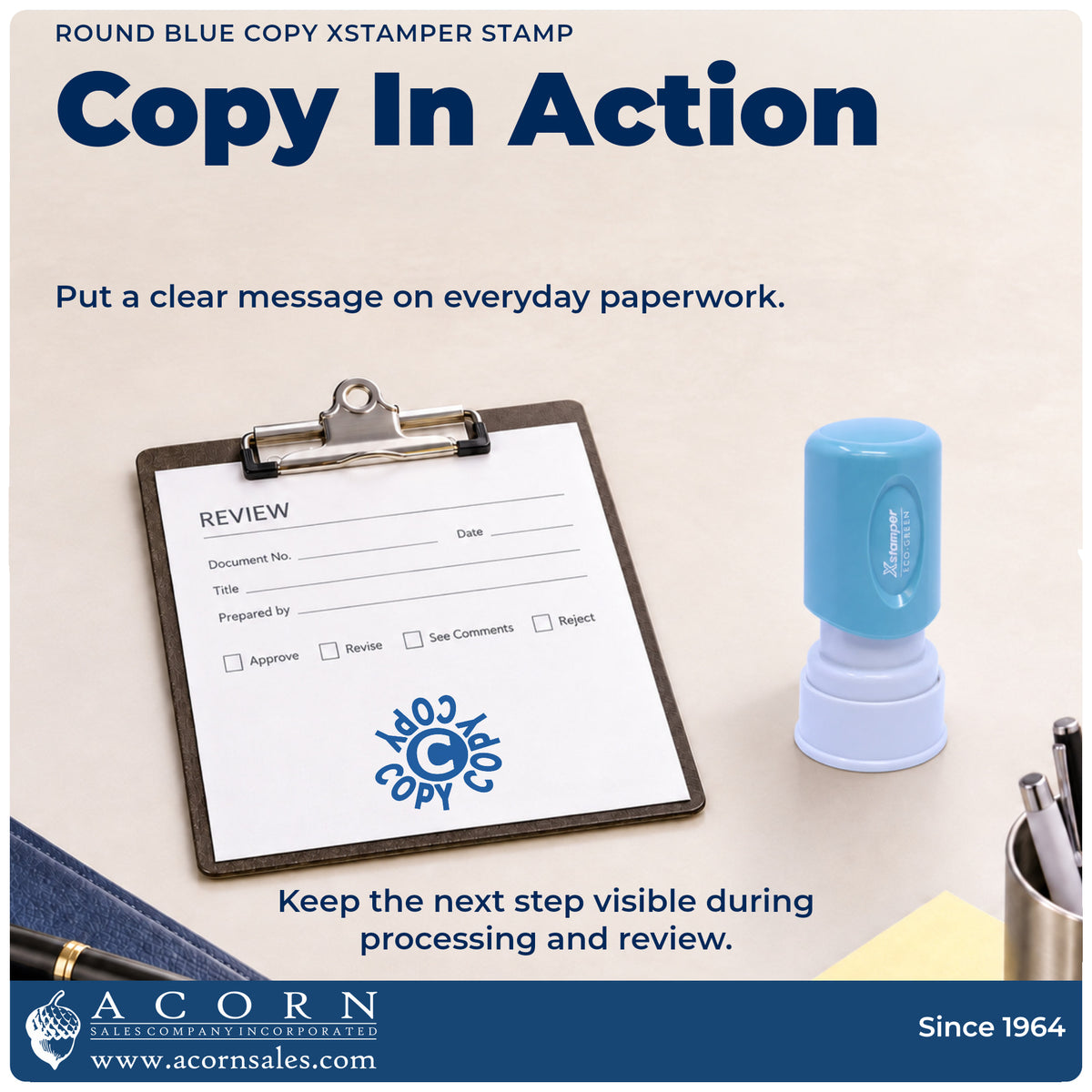 Round Blue Copy Document Stamp being pressed to leave an imprint reading "Copy"