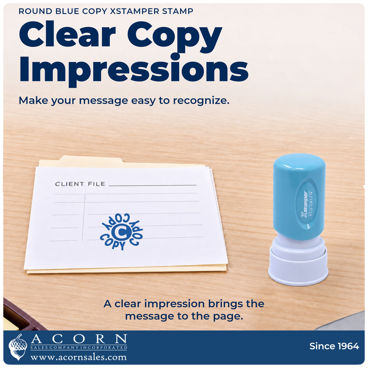 "Copy" imprint on office paperwork beside the Round Blue Copy Document Stamp
