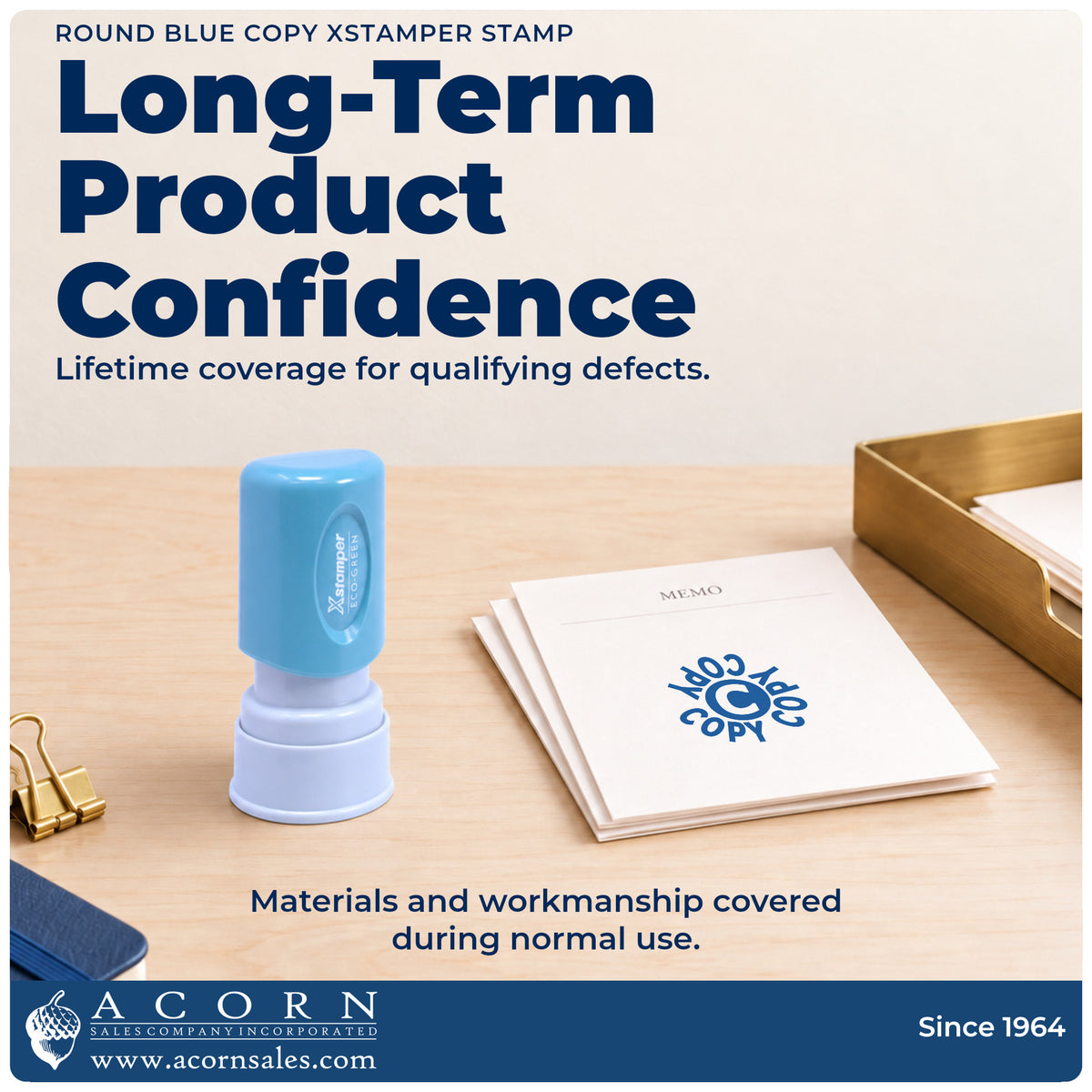 Lifetime guarantee graphic shown with the Round Blue Copy Document Stamp from Acorn Sales