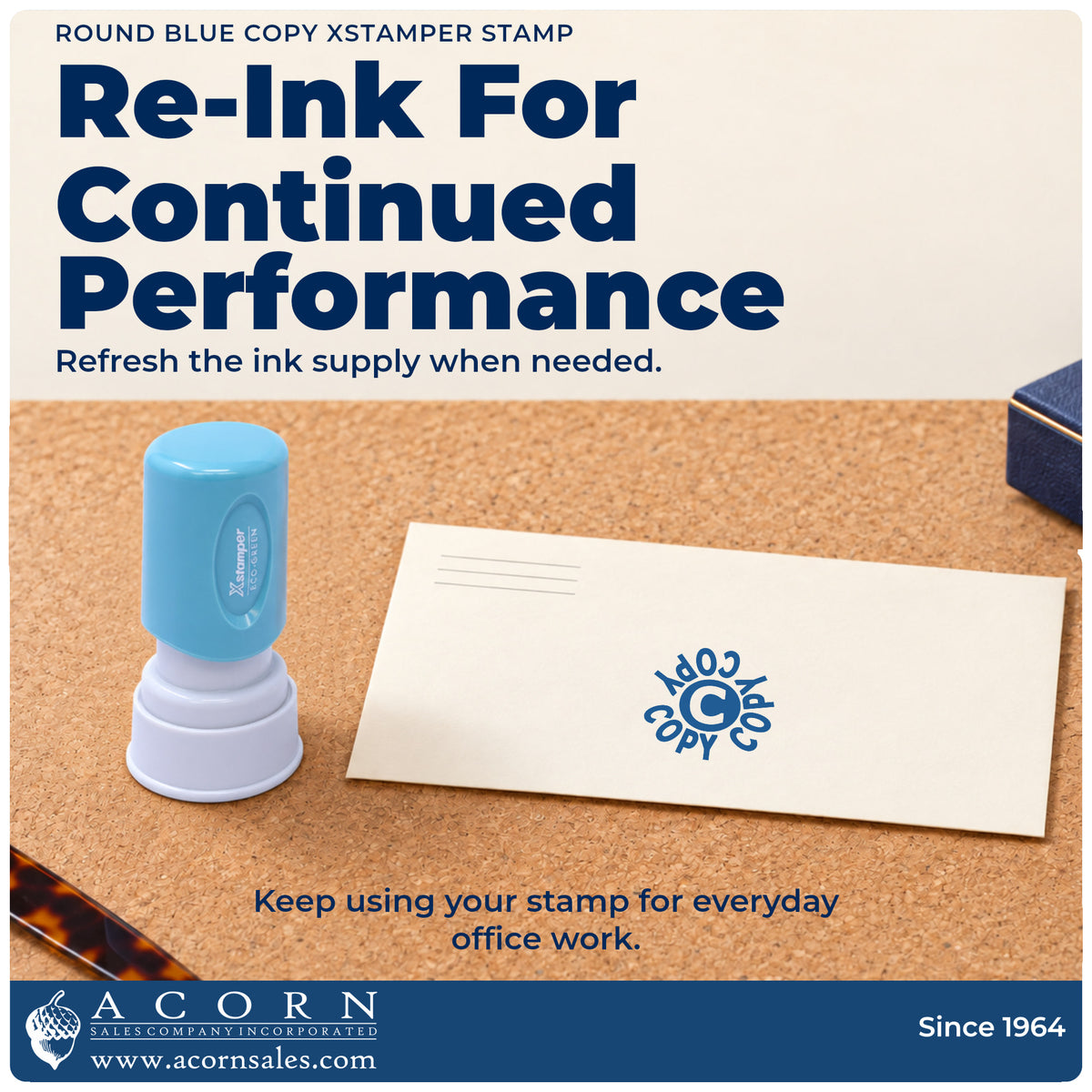 Re-inkable pre-inked build of the Round Blue Copy Document Stamp shown in detail