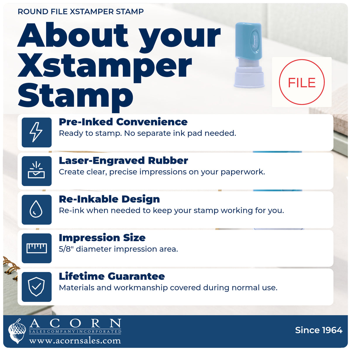 About your Round File Document Stamp: Xstamper 11362 pre-inked stock stamp facts