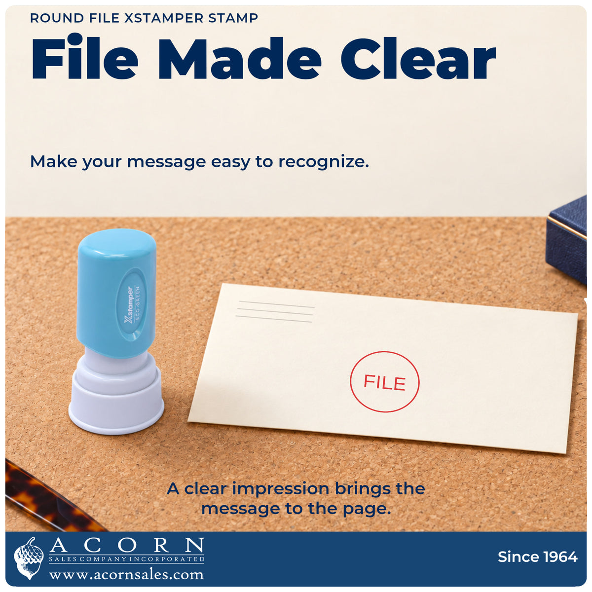 "File" imprint on office paperwork beside the Round File Document Stamp