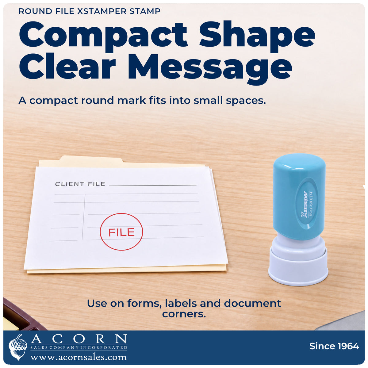 Features of the Round File Document Stamp: pre-inked Xstamper 11362, 5/8 in diameter imprint