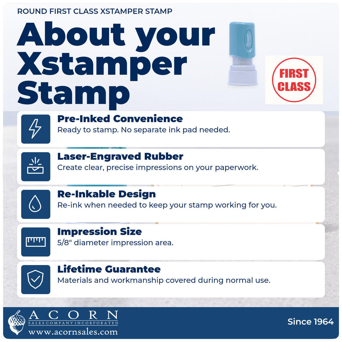 About your First Class Stamp – Round Pre-Inked Xstamper: Xstamper 11412 pre-inked stock stamp facts