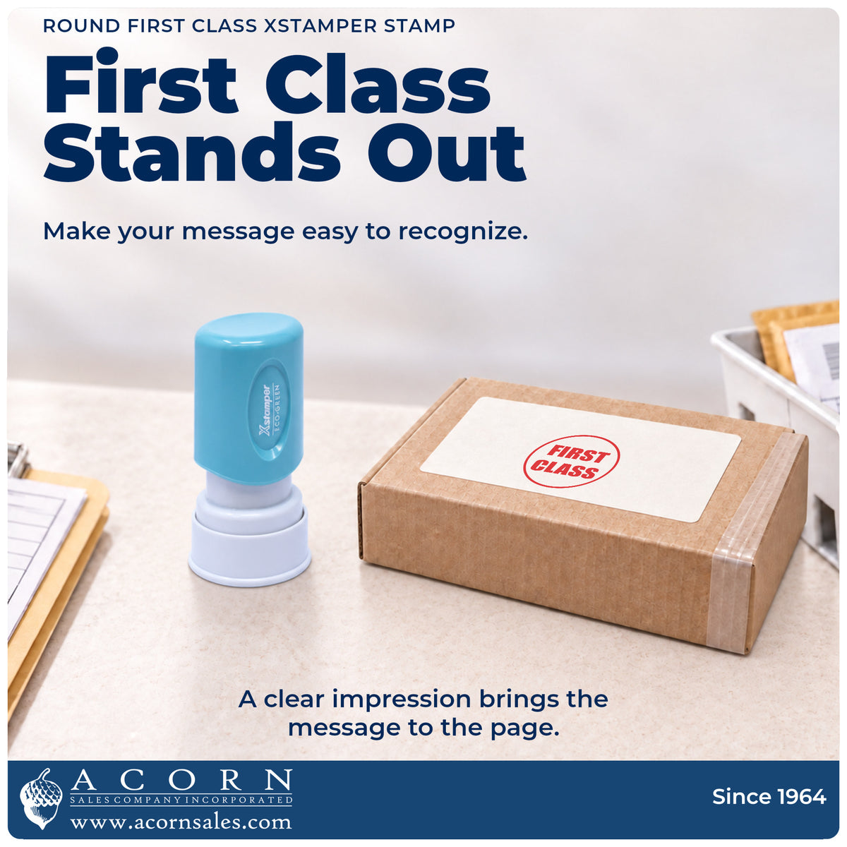 "First class" imprint on office paperwork beside the First Class Stamp – Round Pre-Inked Xstamper