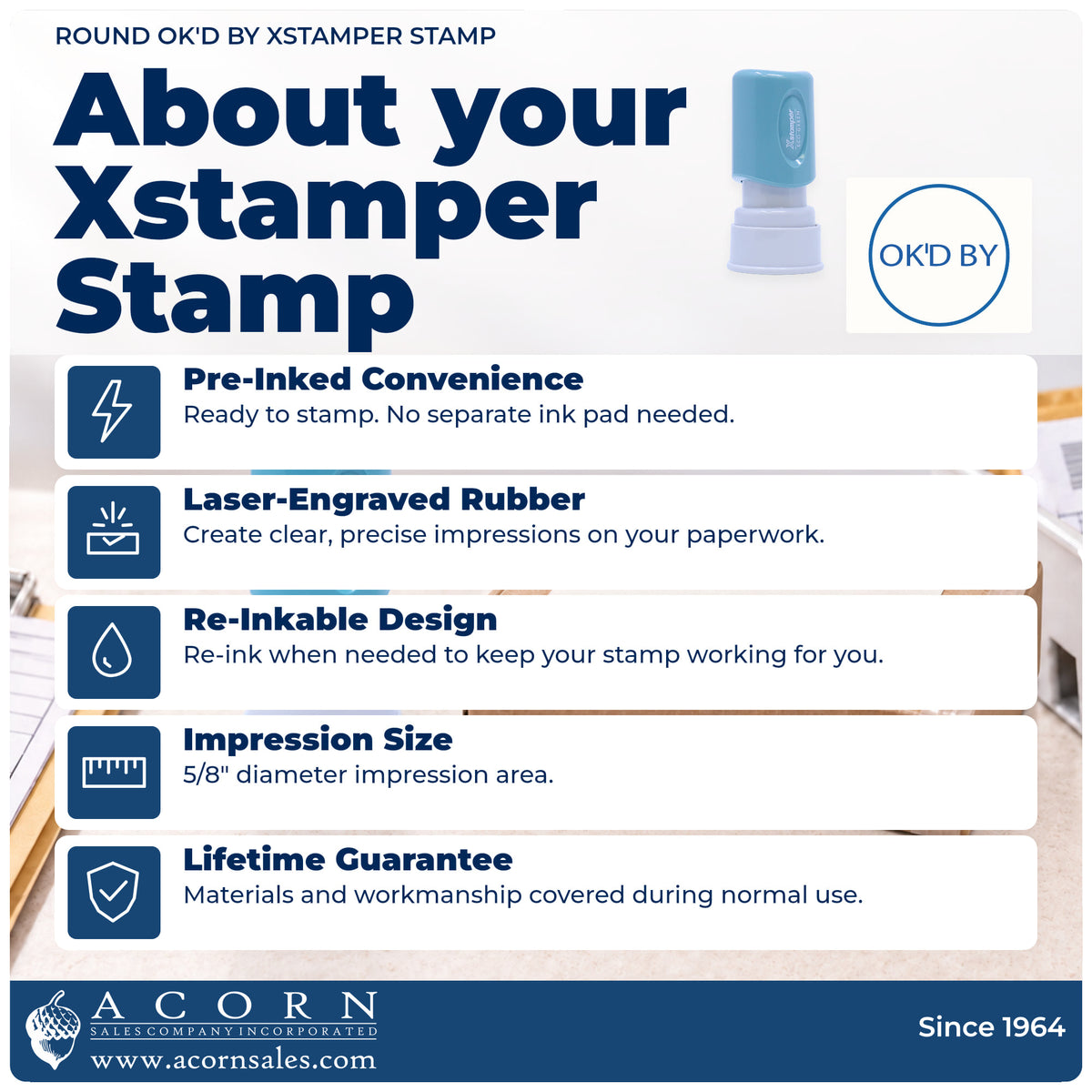 About your Xstamper OK'd By Approval Stamp – Round Pre-Inked: Xstamper 11358 pre-inked stock stamp facts