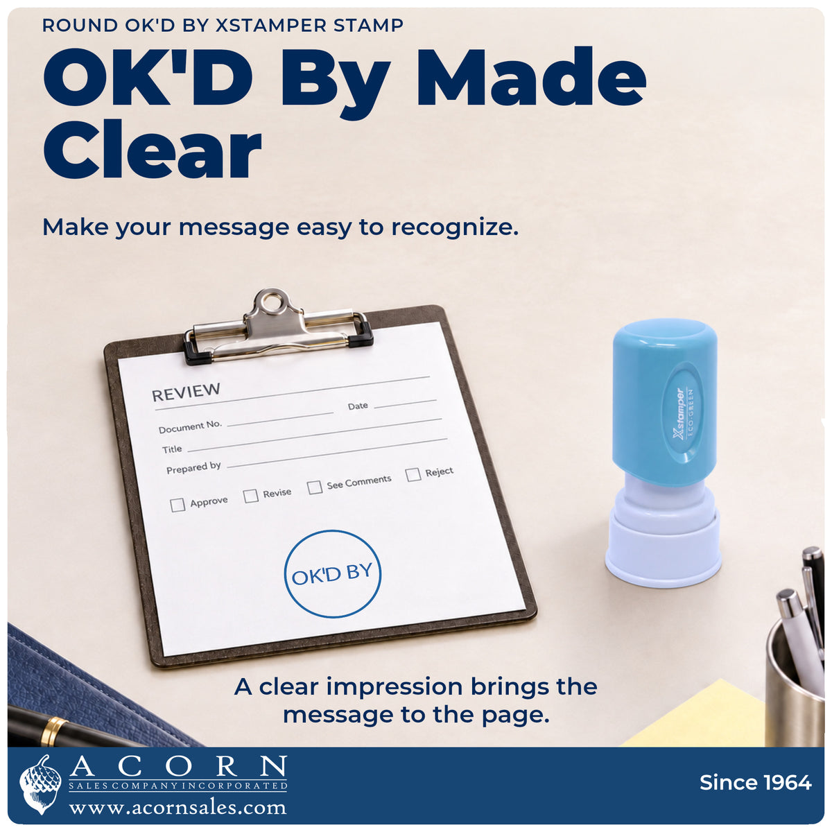 "OK'd by" imprint on office paperwork beside the Xstamper OK'd By Approval Stamp – Round Pre-Inked