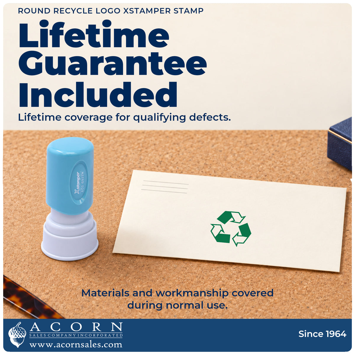 Lifetime guarantee graphic shown with the Round Recycle Logo Stamp from Acorn Sales