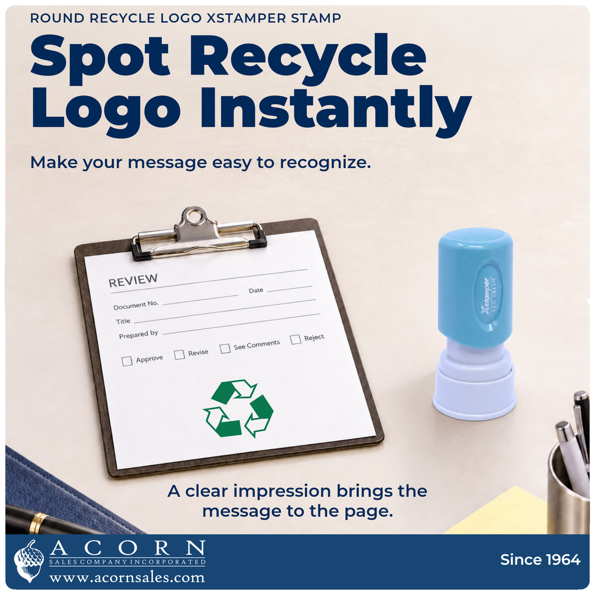 "Recycle logo" imprint on office paperwork beside the Round Recycle Logo Stamp