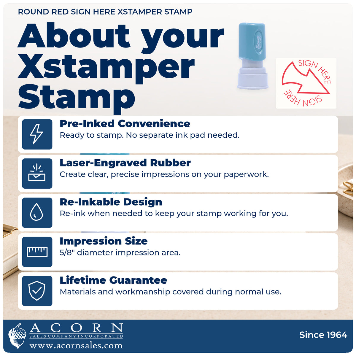 About your Round Red Sign Here Stamp: Xstamper 11425 pre-inked stock stamp facts