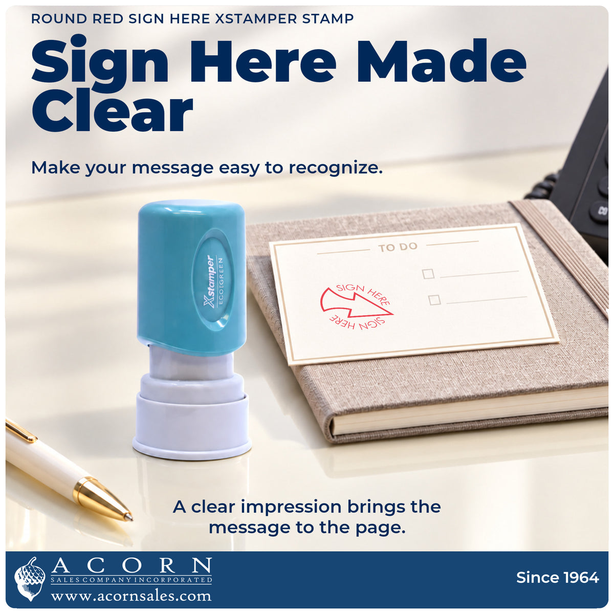 "Sign here" imprint on office paperwork beside the Round Red Sign Here Stamp