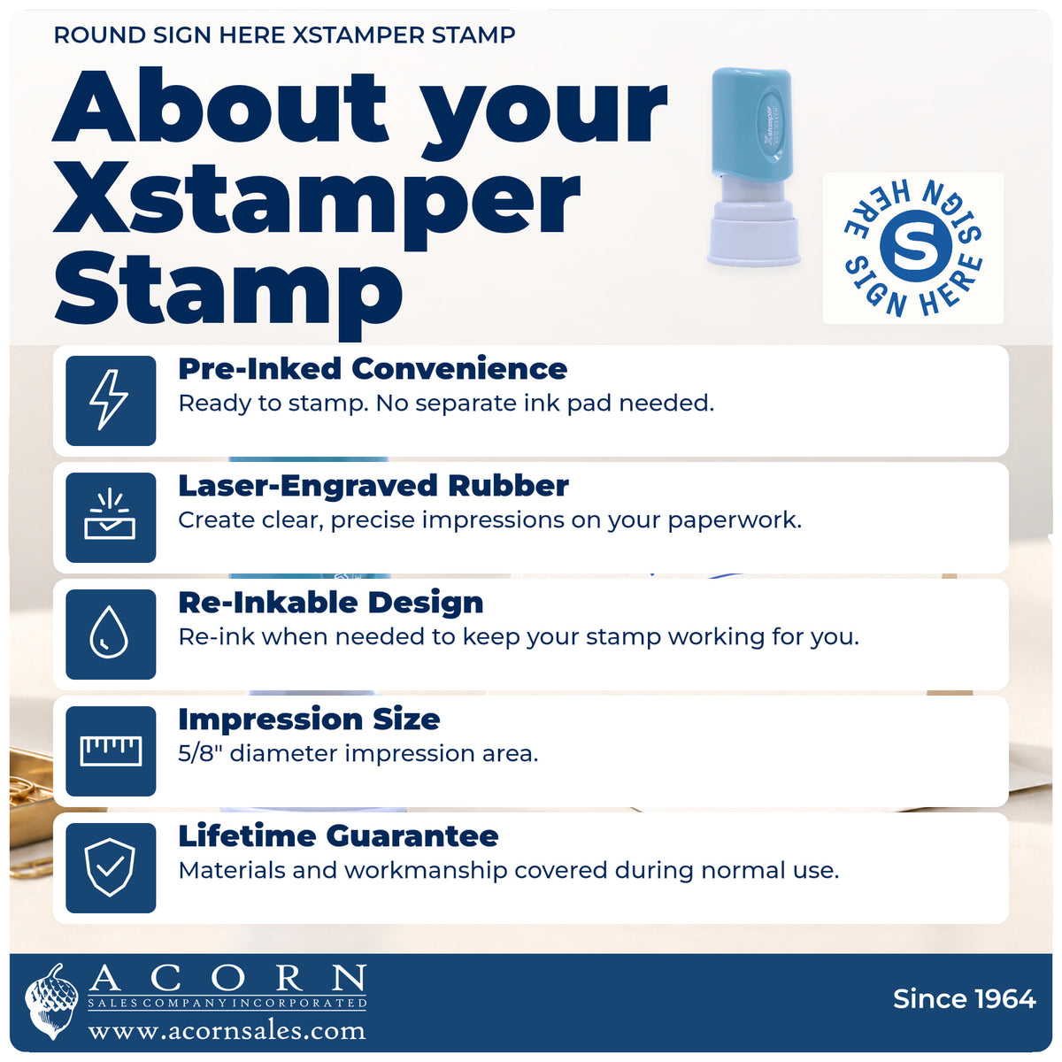 About your Xstamper Sign Here Stamp – Round Blue Pre-Inked: Xstamper 11424 pre-inked stock stamp facts