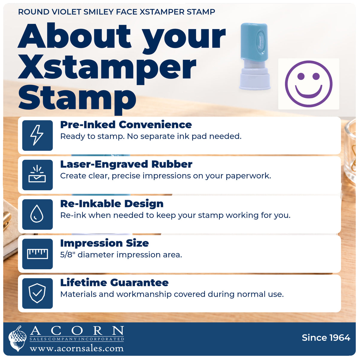 About your Xstamper Smiley Face Stamp – Round Violet Pre-Inked: Xstamper 11420 pre-inked stock stamp facts