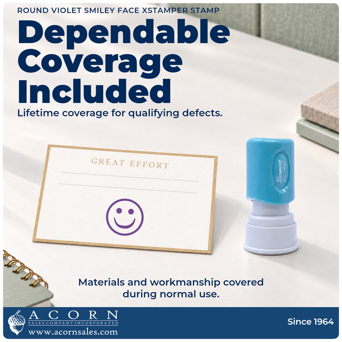 Lifetime guarantee graphic shown with the Xstamper Smiley Face Stamp – Round Violet Pre-Inked from Acorn Sales