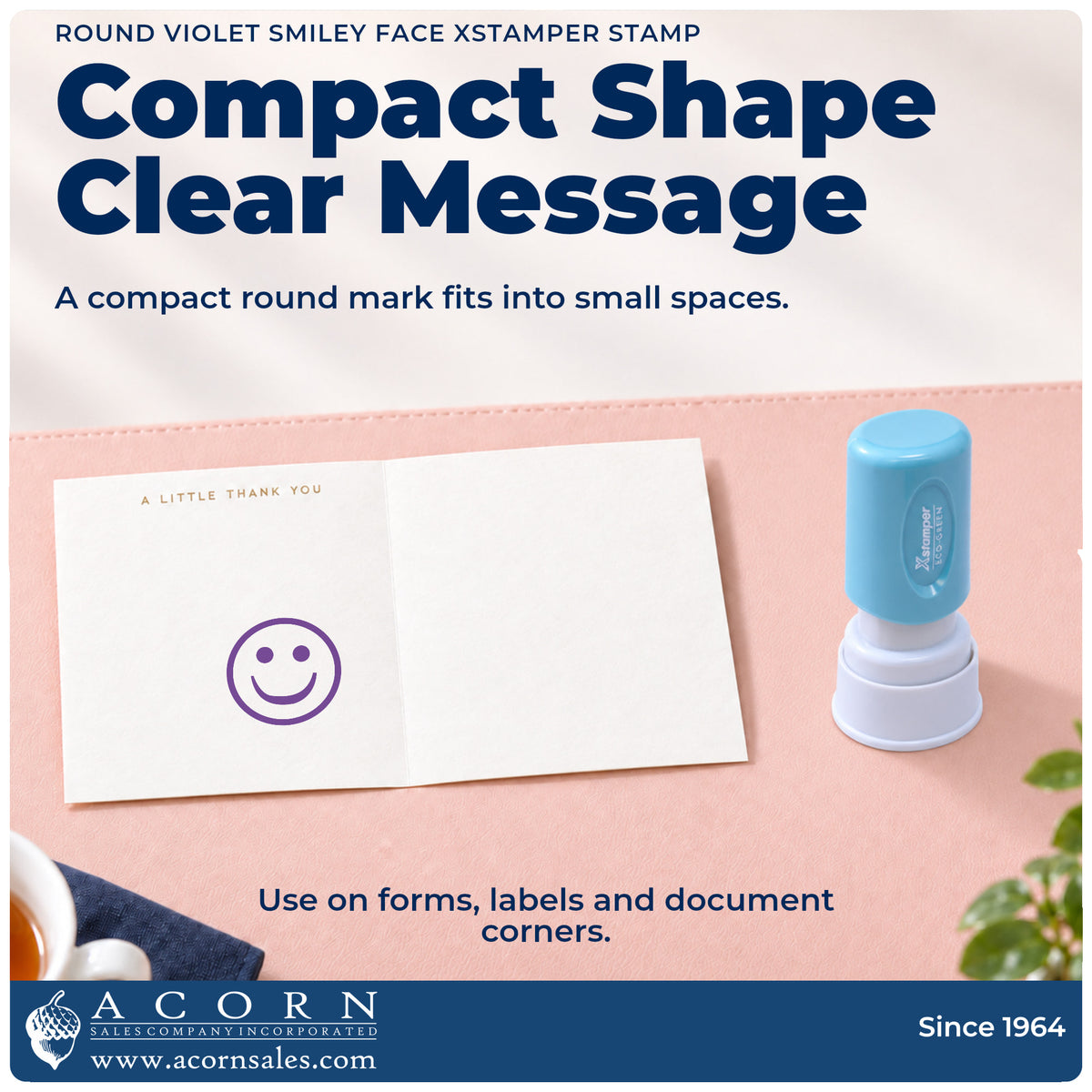 Features of the Xstamper Smiley Face Stamp – Round Violet Pre-Inked: pre-inked Xstamper 11420, 5/8 in diameter imprint