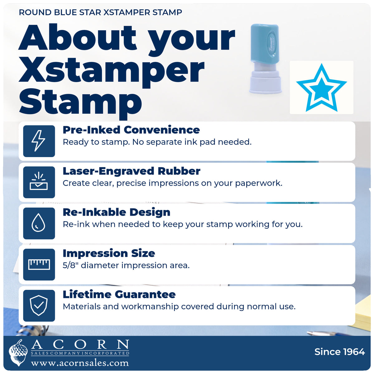 About your Star Stamp – Round Blue Pre-Inked Xstamper: Xstamper 11421 pre-inked stock stamp facts