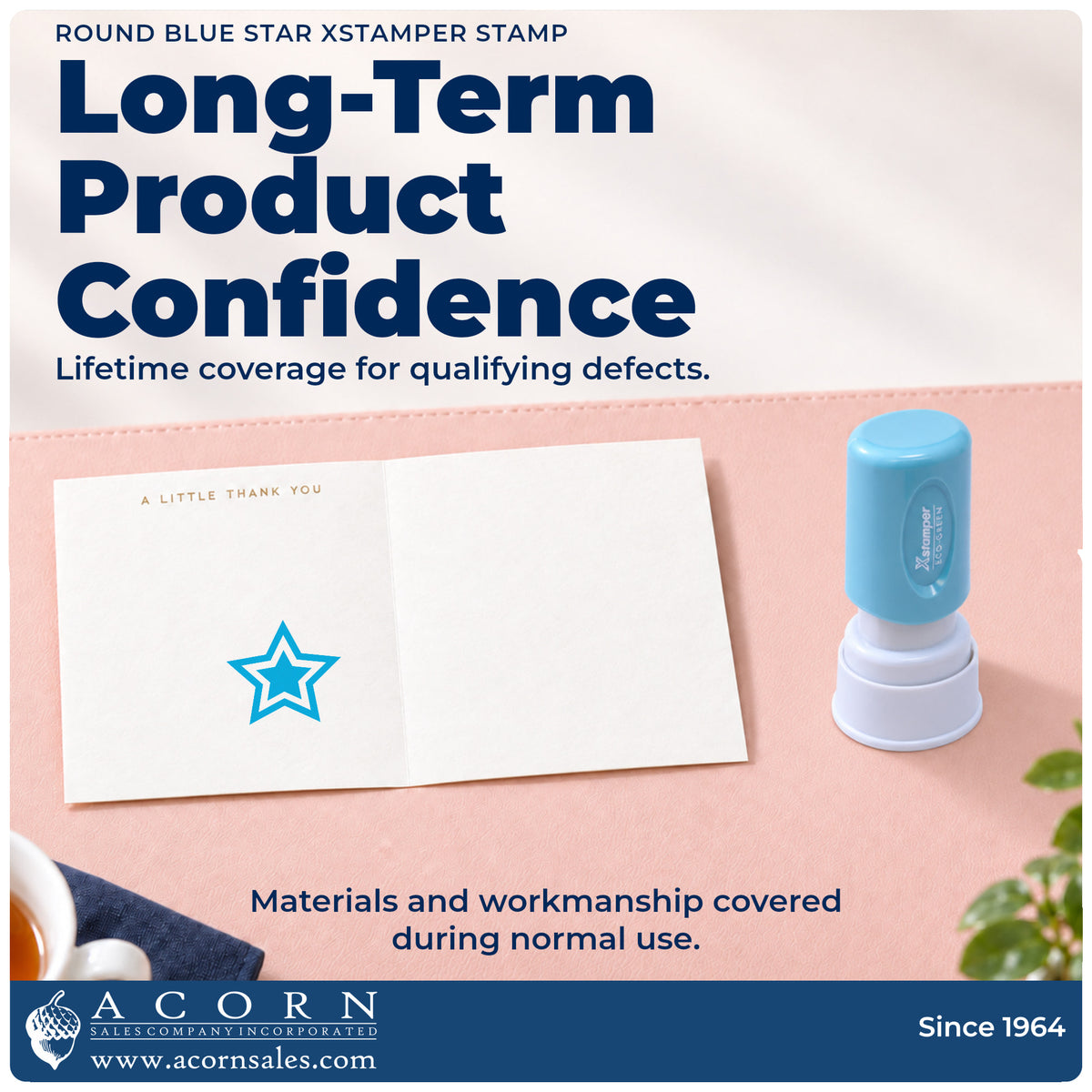 Lifetime guarantee graphic shown with the Star Stamp – Round Blue Pre-Inked Xstamper from Acorn Sales