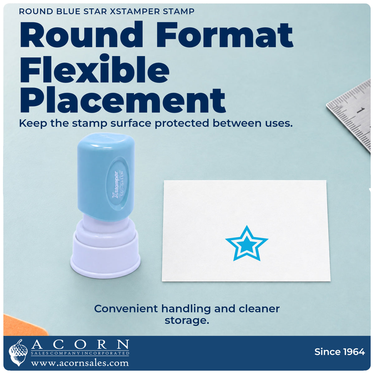 Features of the Star Stamp – Round Blue Pre-Inked Xstamper: pre-inked Xstamper 11421, 5/8 in diameter imprint