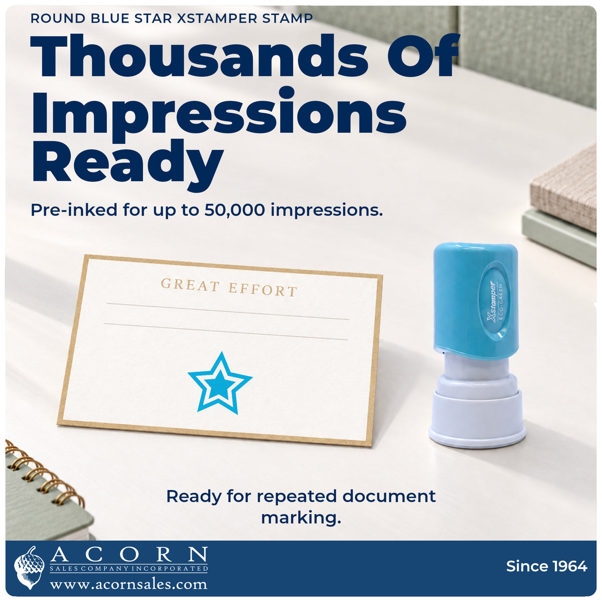 Re-inkable pre-inked build of the Star Stamp – Round Blue Pre-Inked Xstamper shown in detail