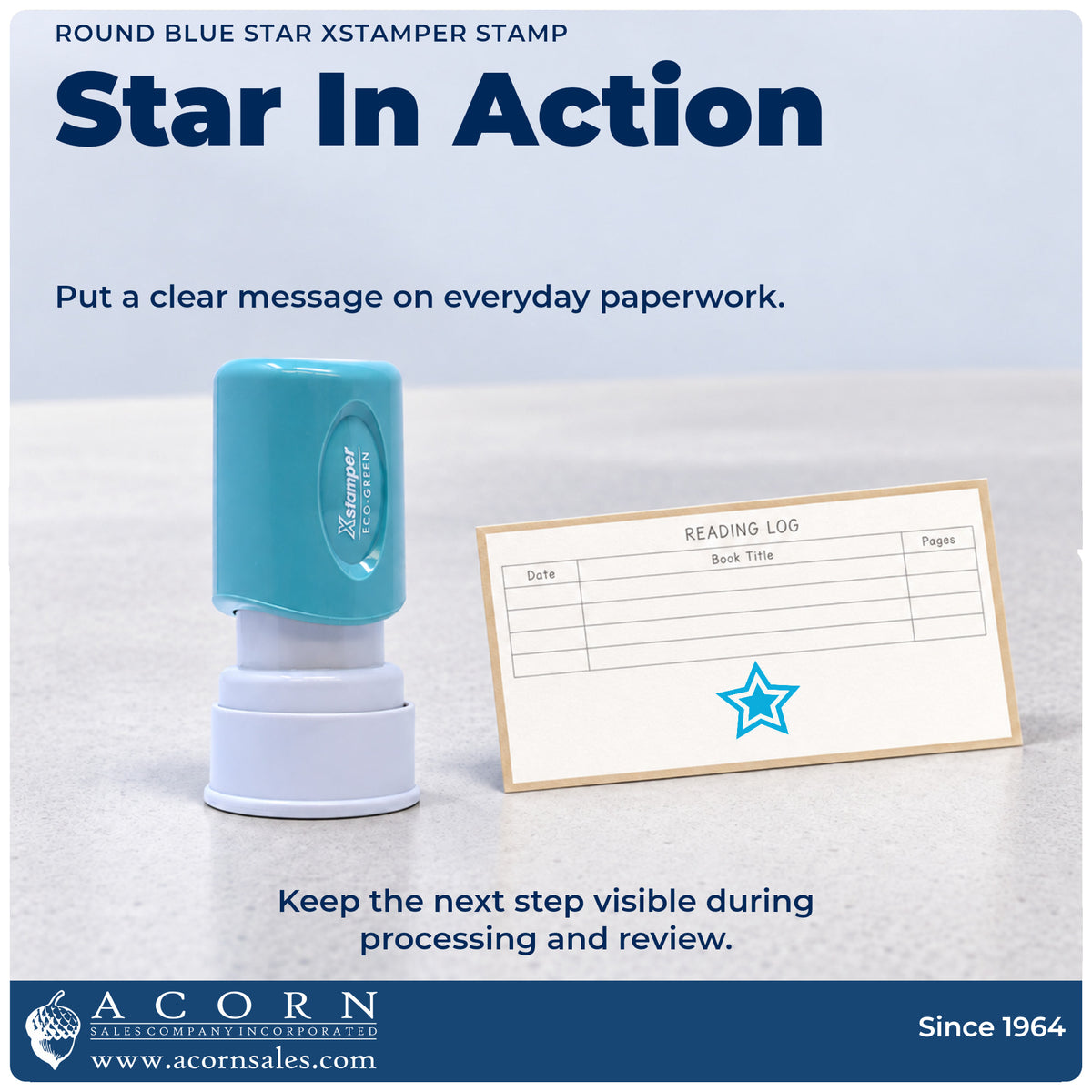 Star Stamp – Round Blue Pre-Inked Xstamper being pressed to leave an imprint reading "Star"