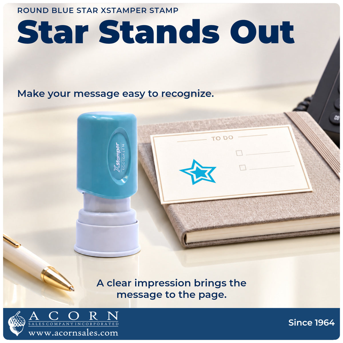 "Star" imprint on office paperwork beside the Star Stamp – Round Blue Pre-Inked Xstamper