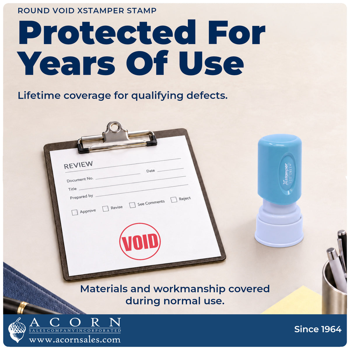 Lifetime guarantee graphic shown with the Round Void Document Stamp from Acorn Sales