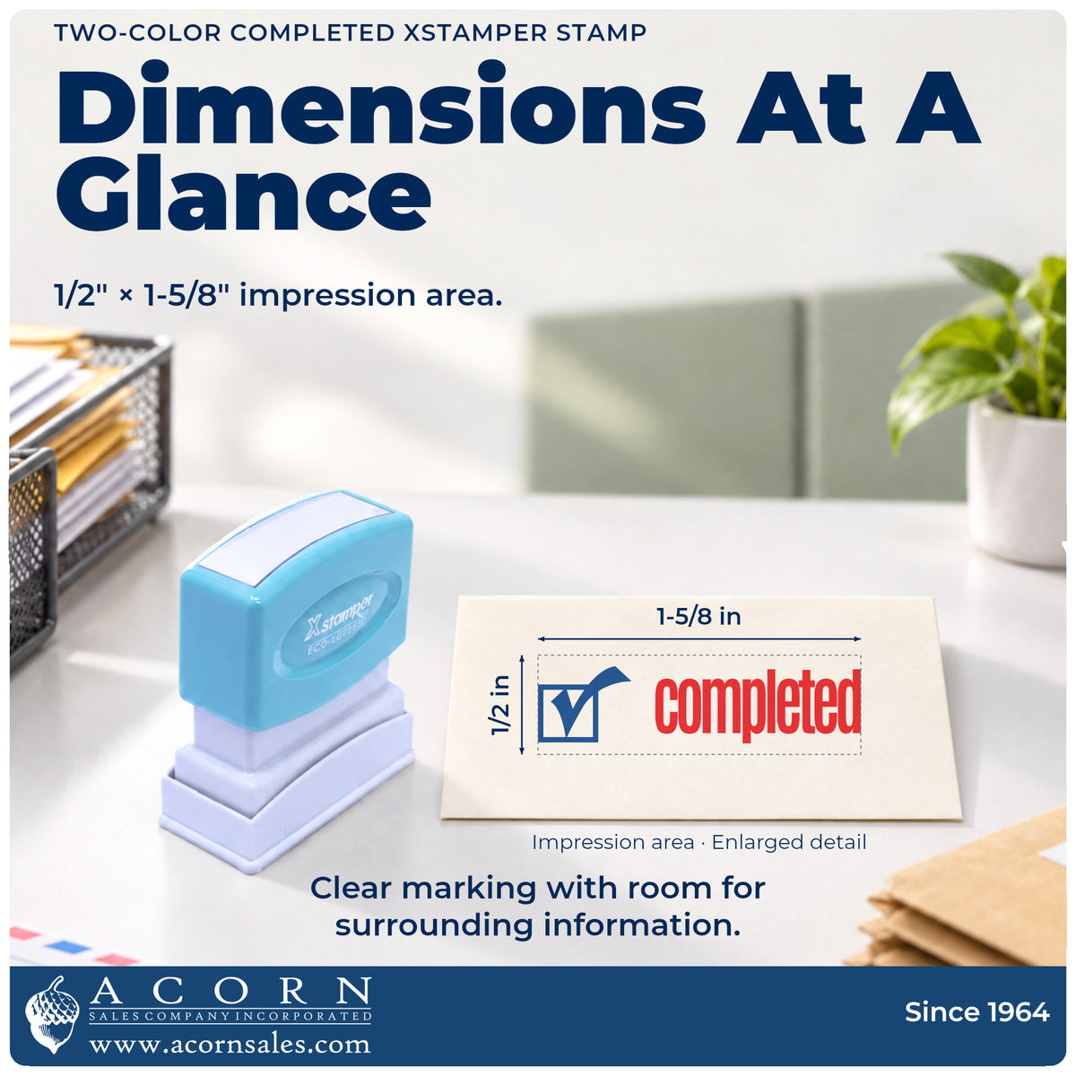 Impression size guide: the "Completed" imprint measures 1-5/8 x 1/2 in