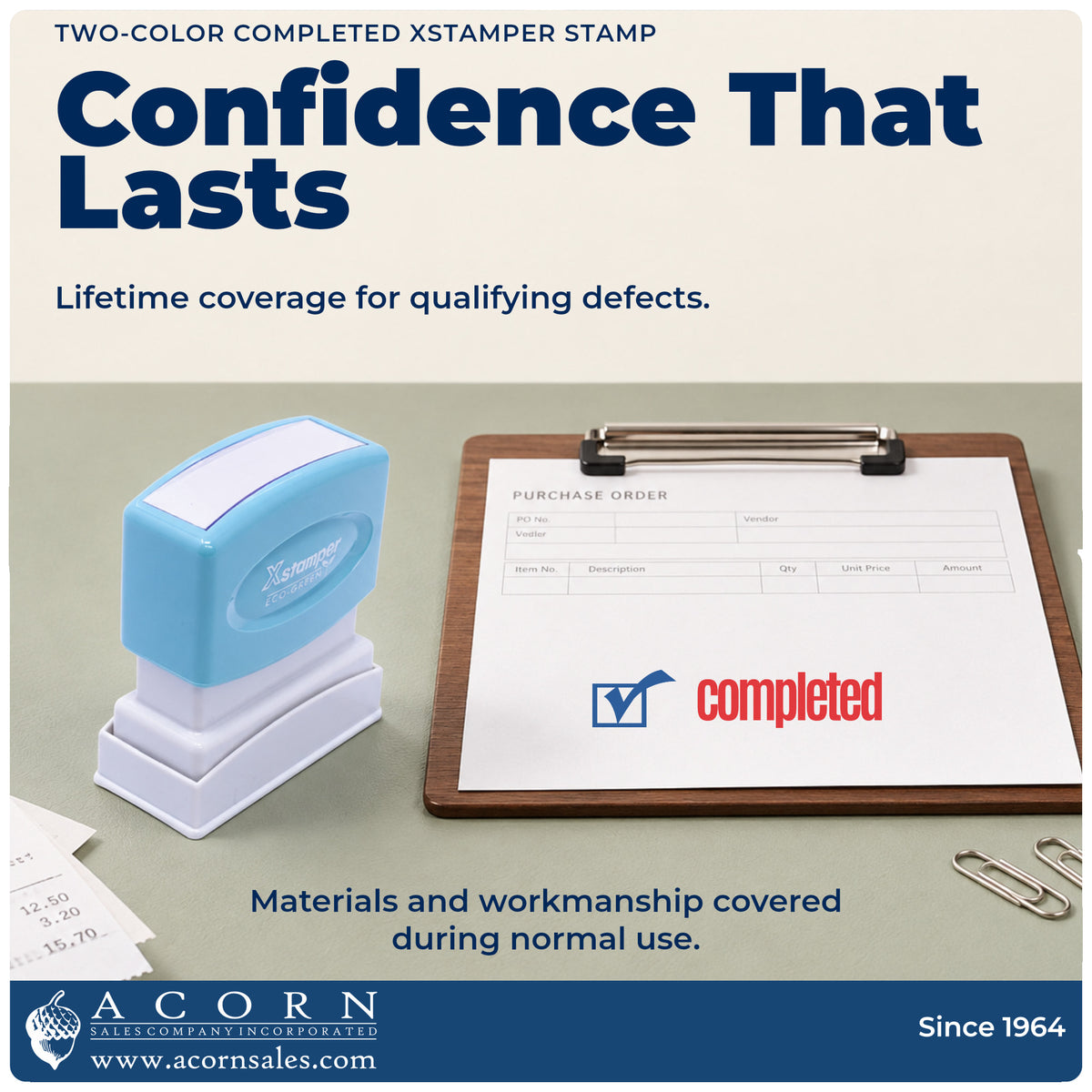 Lifetime guarantee graphic shown with the Xstamper Completed Stamp from Acorn Sales