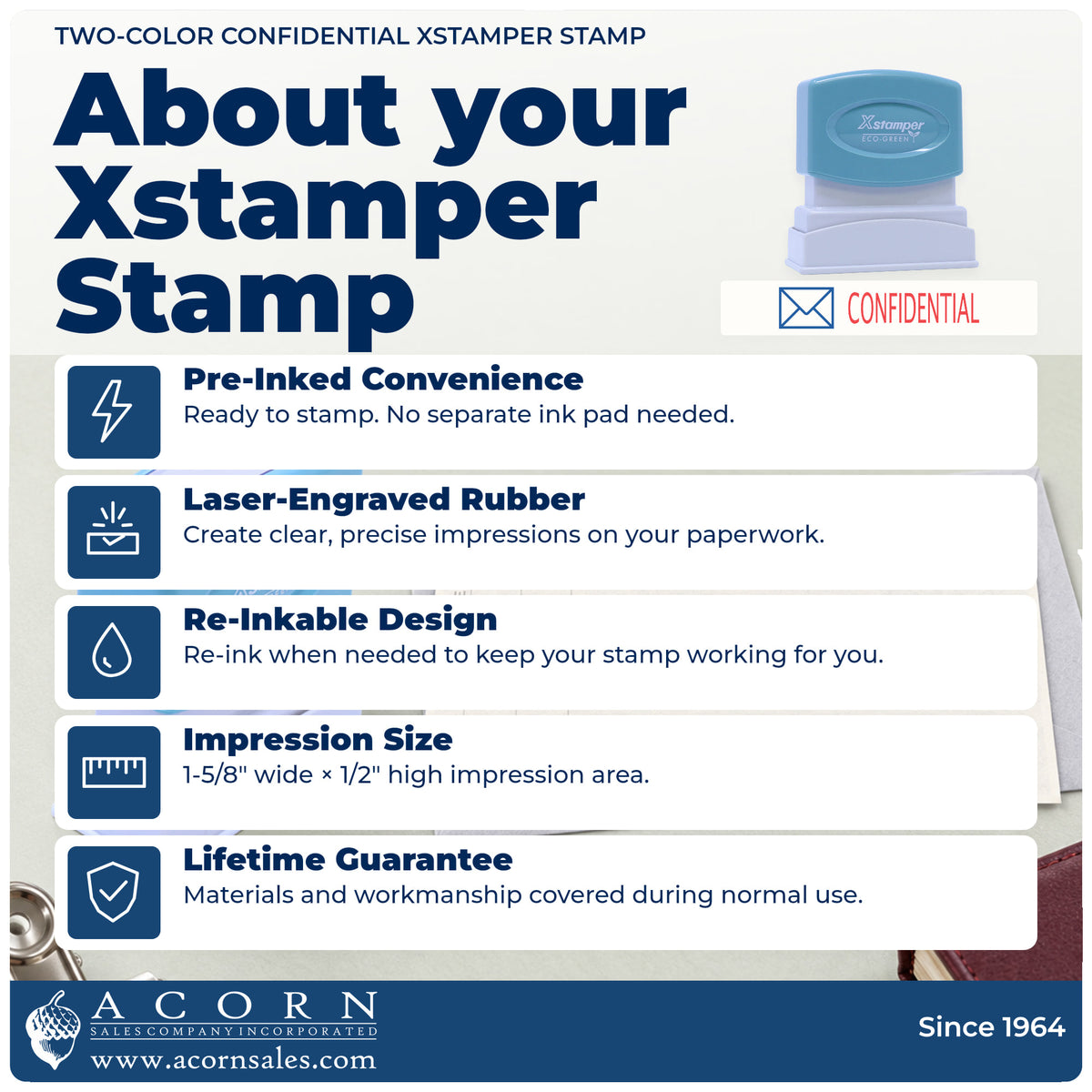 About your Two-Color Confidential Stamp: Xstamper 2034 pre-inked stock stamp facts
