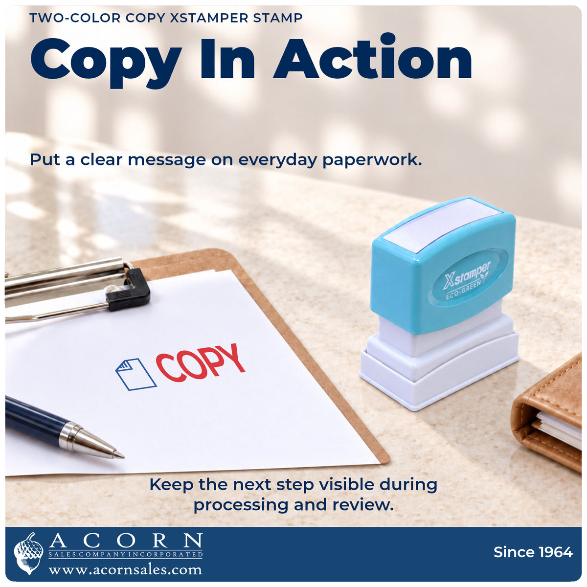Copy Stamp being pressed to leave an imprint reading "Copy"