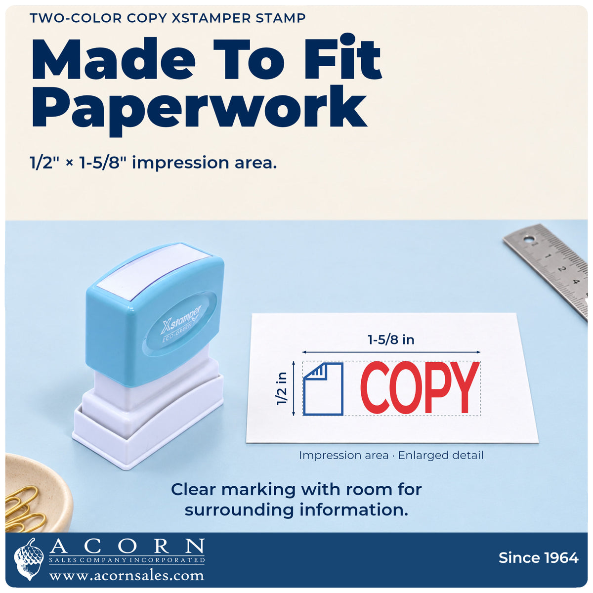 Impression size guide: the "Copy" imprint measures 1-5/8 x 1/2 in