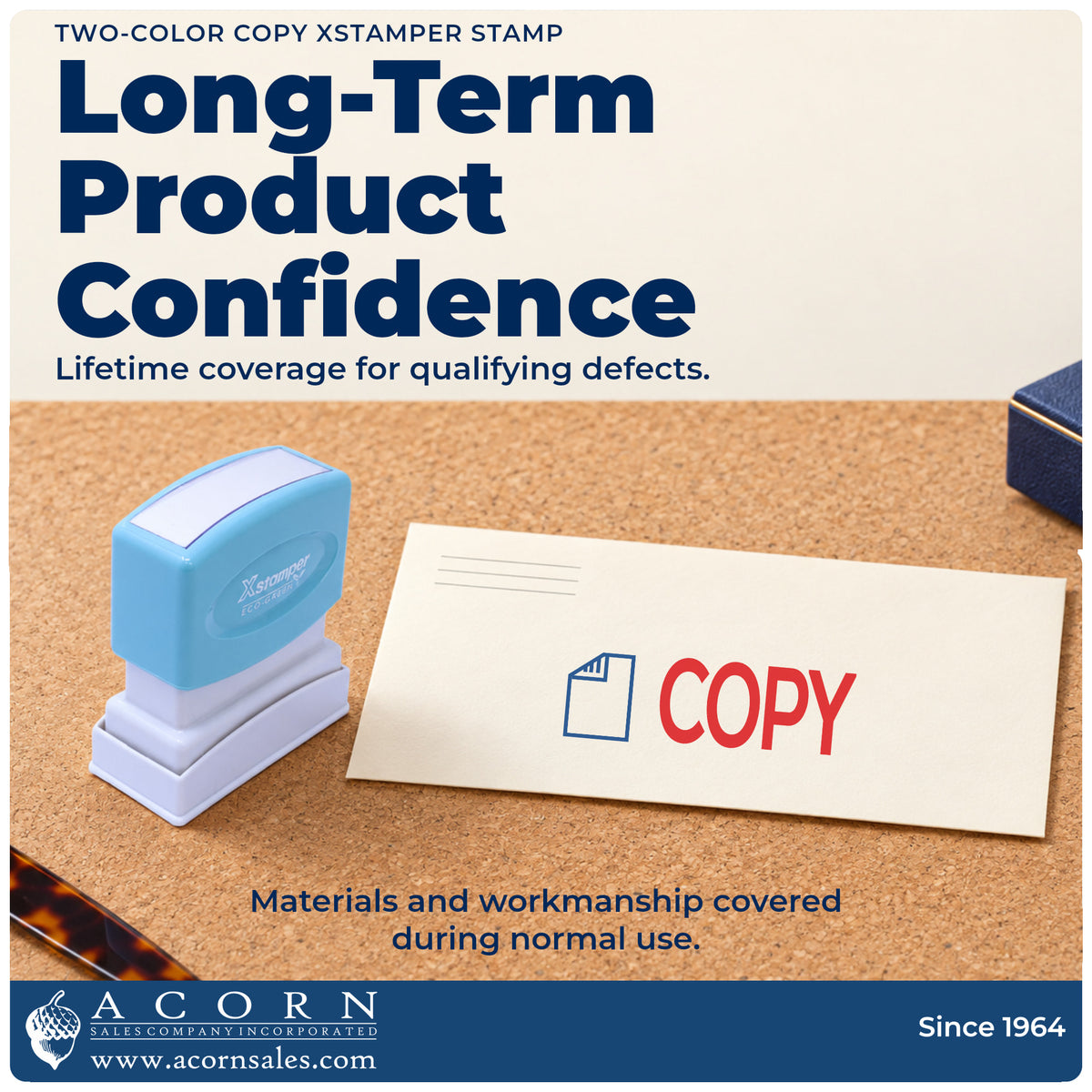 Lifetime guarantee graphic shown with the Copy Stamp from Acorn Sales
