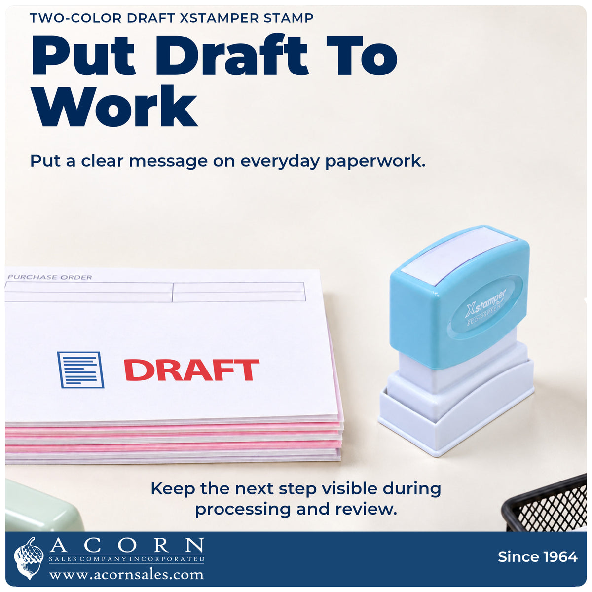 Xstamper Draft Stamp being pressed to leave an imprint reading "Draft"