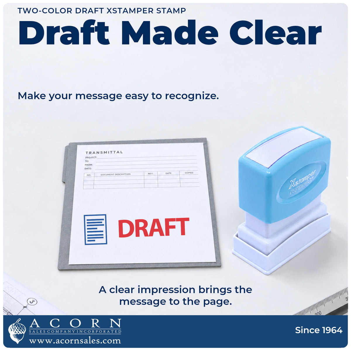 "Draft" imprint on office paperwork beside the Xstamper Draft Stamp