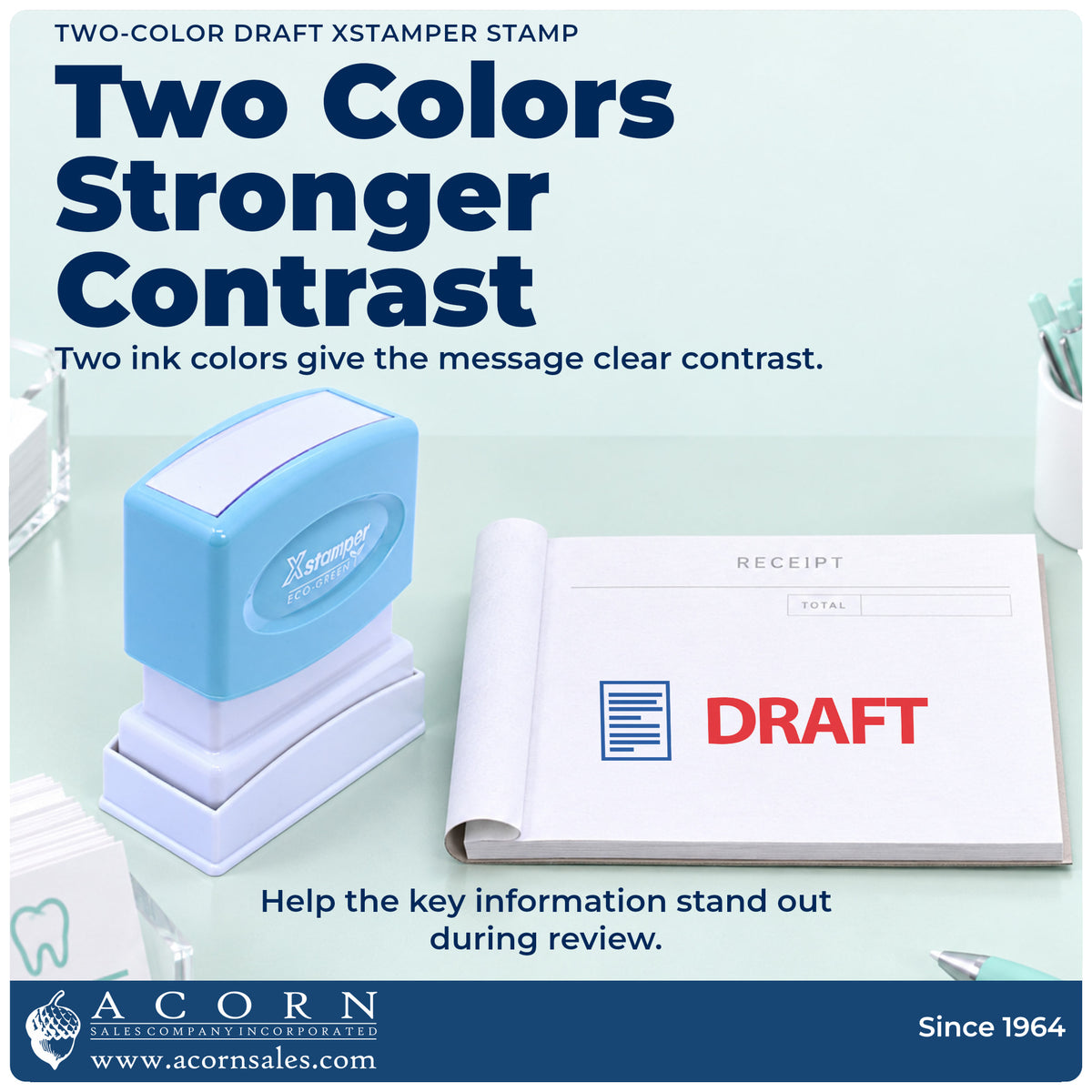 Features of the Xstamper Draft Stamp: pre-inked Xstamper 2031, 1/2 x 1-5/8 in imprint