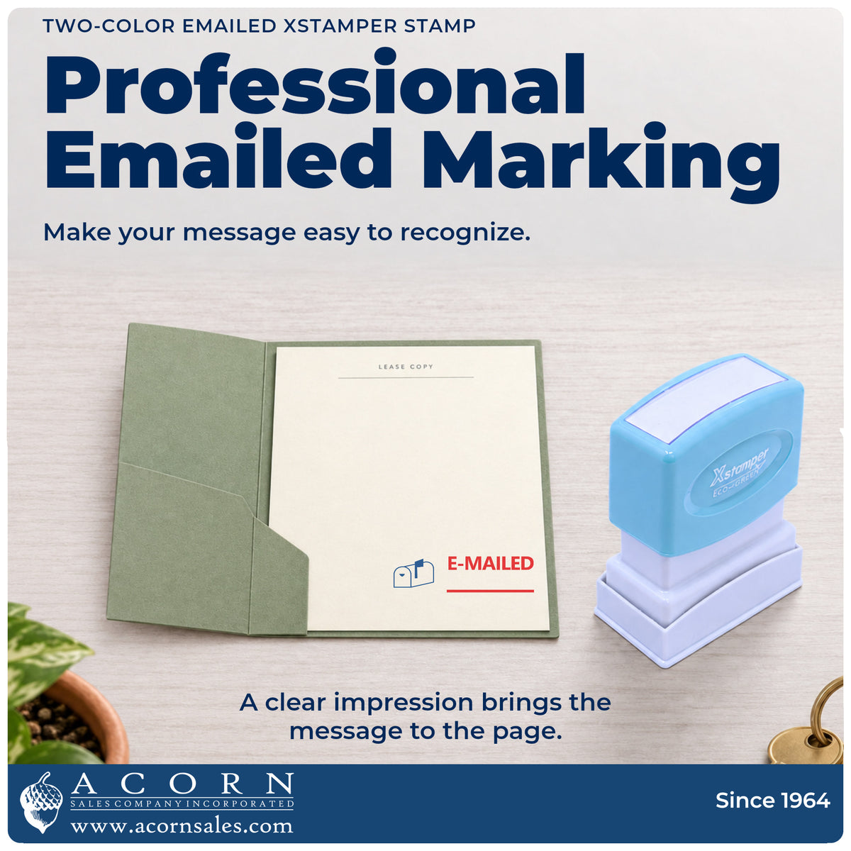 "Emailed" imprint on office paperwork beside the Xstamper Emailed Office Stamp