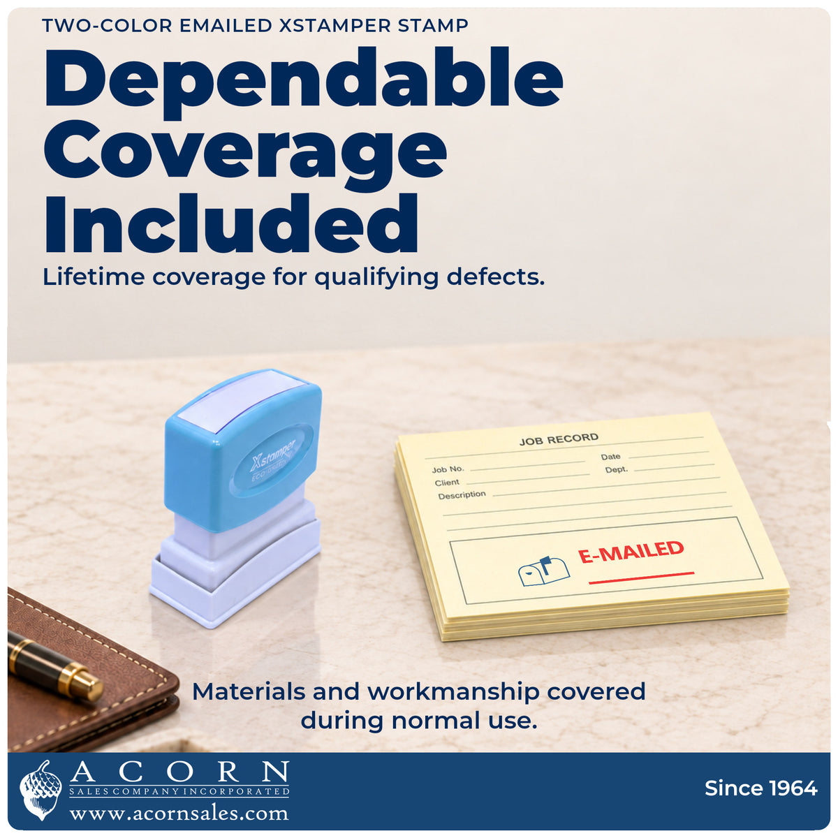 Lifetime guarantee graphic shown with the Xstamper Emailed Office Stamp from Acorn Sales