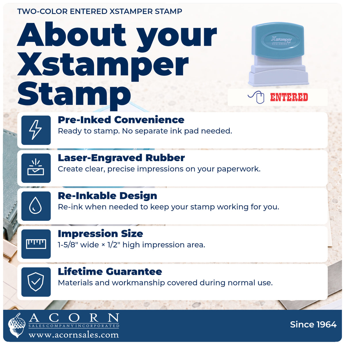 About your Two-Color Entered Stamp: Xstamper 2027 pre-inked stock stamp facts