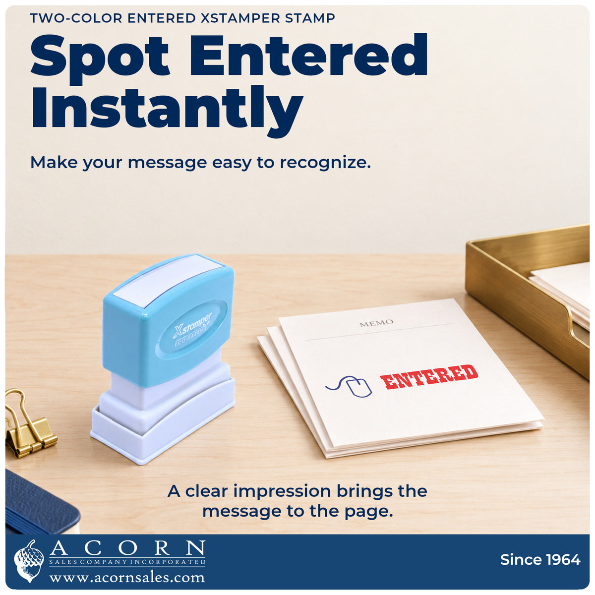 "Entered" imprint on office paperwork beside the Two-Color Entered Stamp