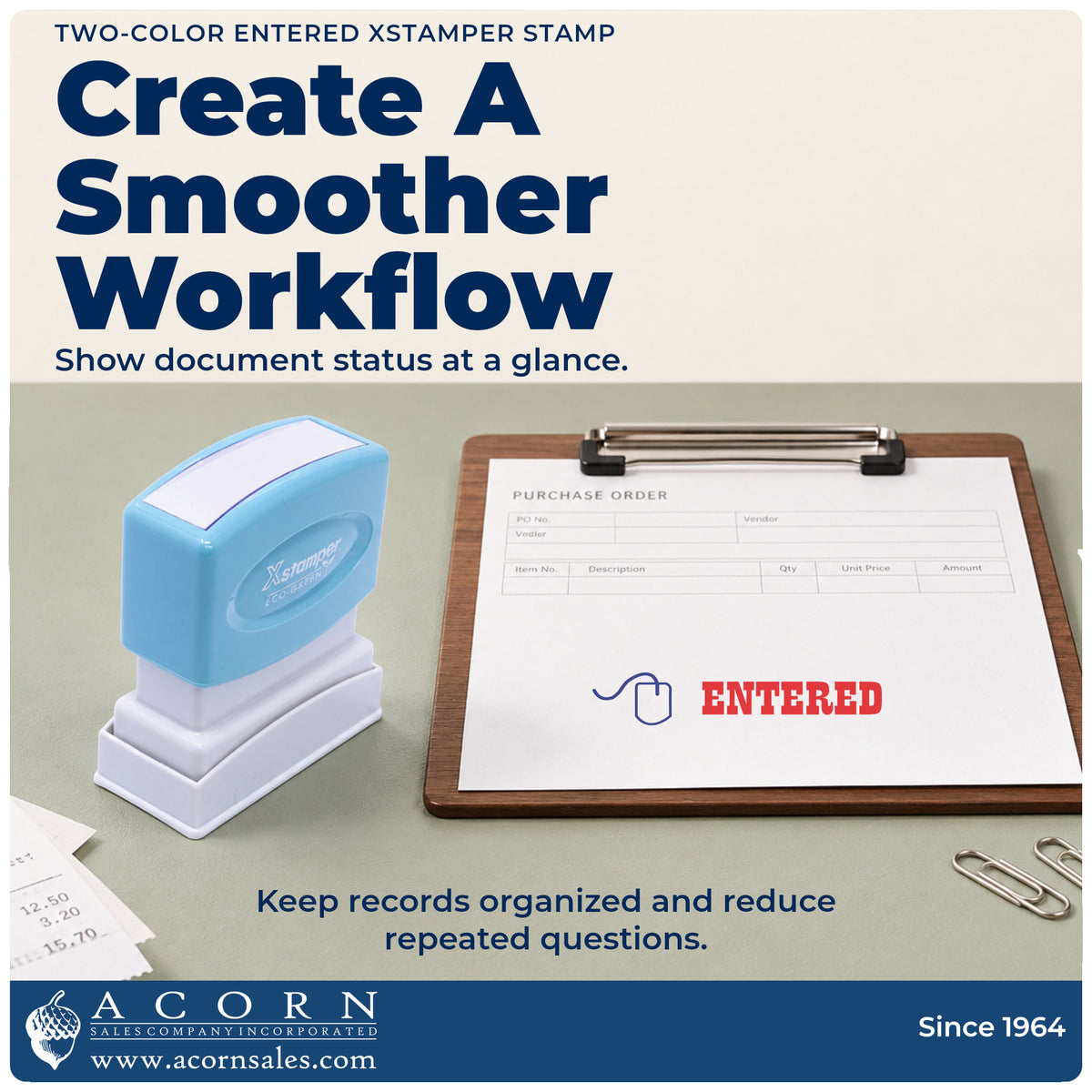 Office workflow showing where the "Entered" stamp marks documents