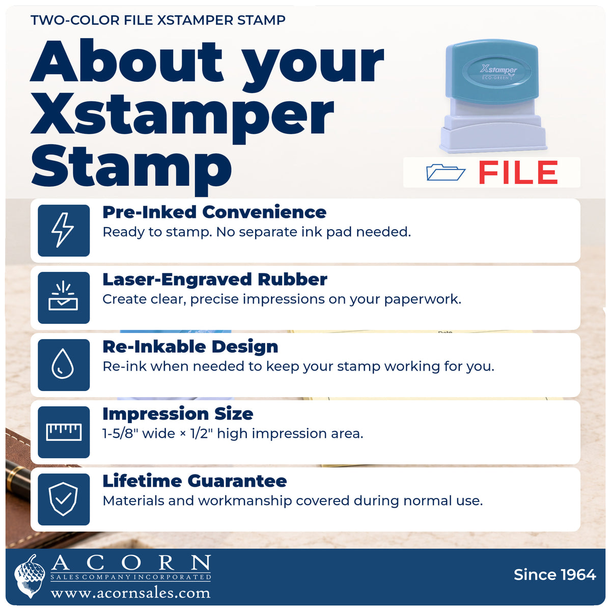 About your File Stamp: Xstamper 2028 pre-inked stock stamp facts
