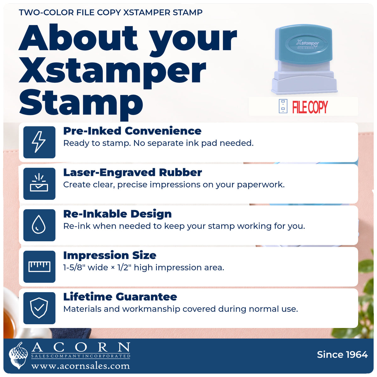 About your File Copy Document Stamp: Xstamper 2032 pre-inked stock stamp facts