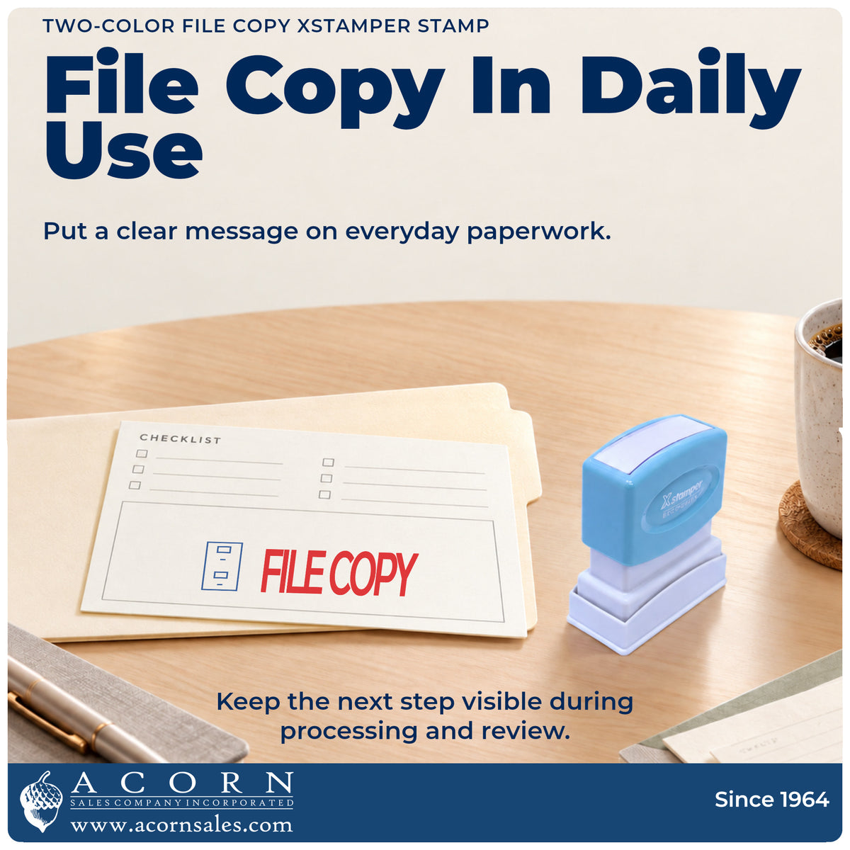 File Copy Document Stamp being pressed to leave an imprint reading "File copy"