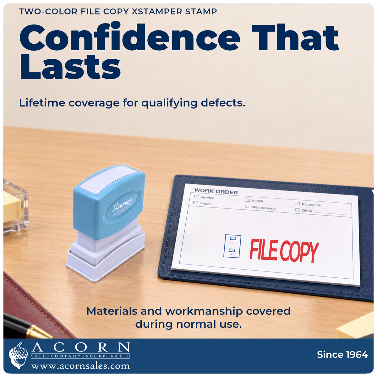 Lifetime guarantee graphic shown with the File Copy Document Stamp from Acorn Sales