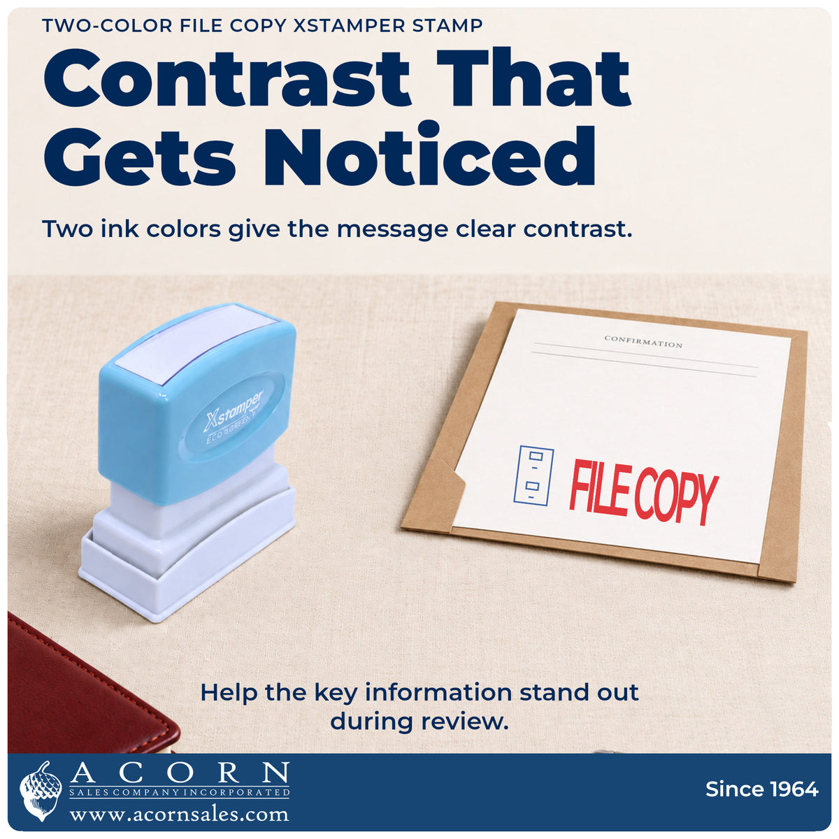 Features of the File Copy Document Stamp: pre-inked Xstamper 2032, 1-5/8 x 1/2 in imprint