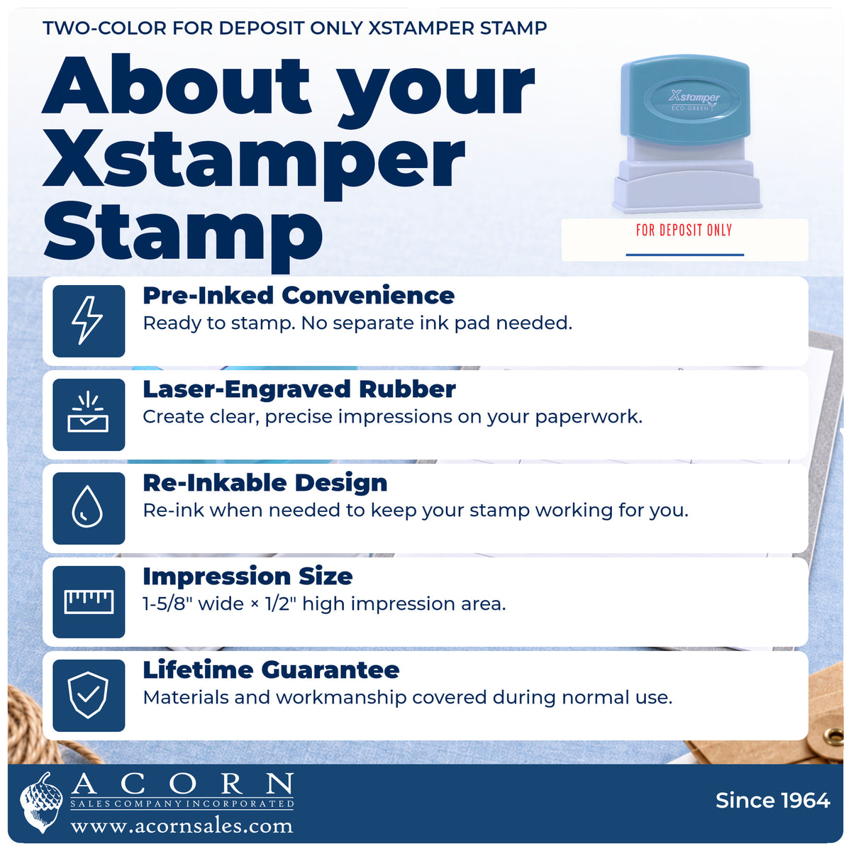 About your For Deposit Only Stamp For Bank Deposits: Xstamper 2035 pre-inked stock stamp facts
