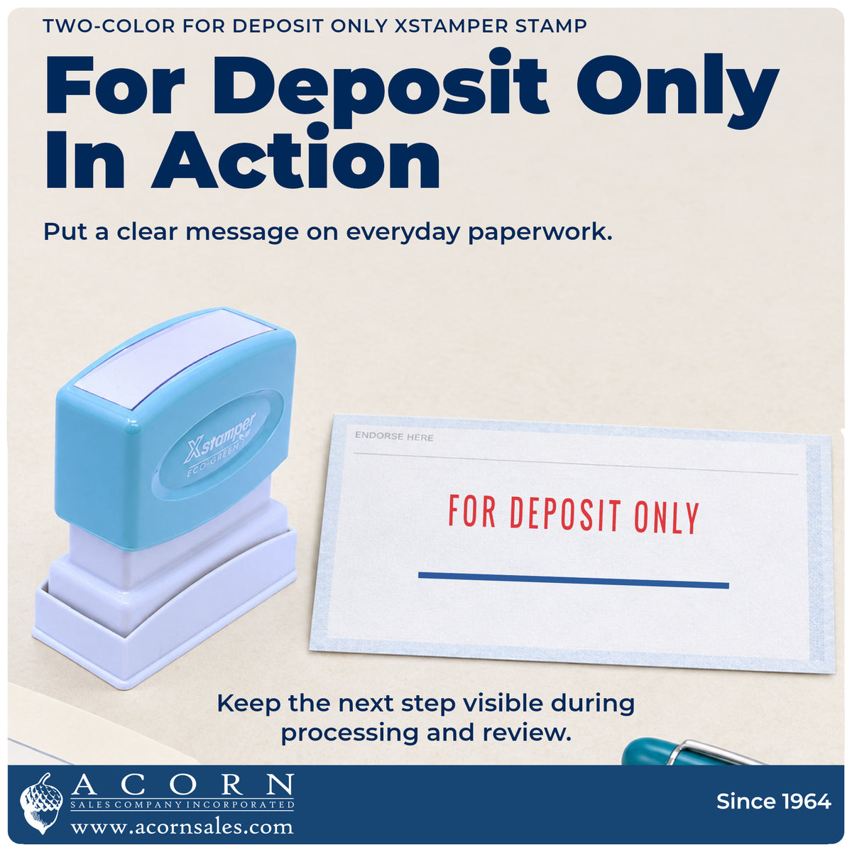 For Deposit Only Stamp For Bank Deposits being pressed to leave an imprint reading "For deposit only"