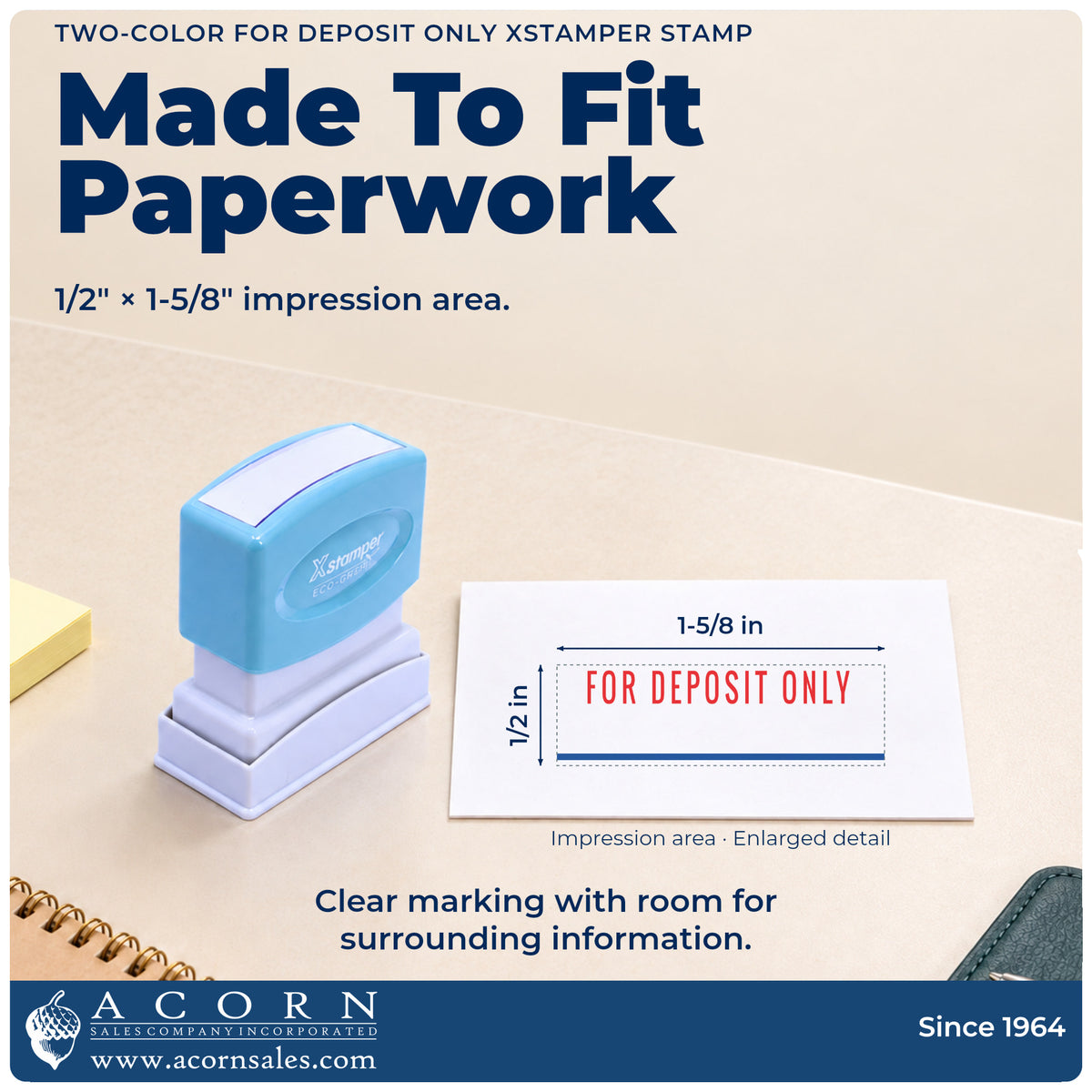 Impression size guide: the "For deposit only" imprint measures 1/2 x 1-5/8 in